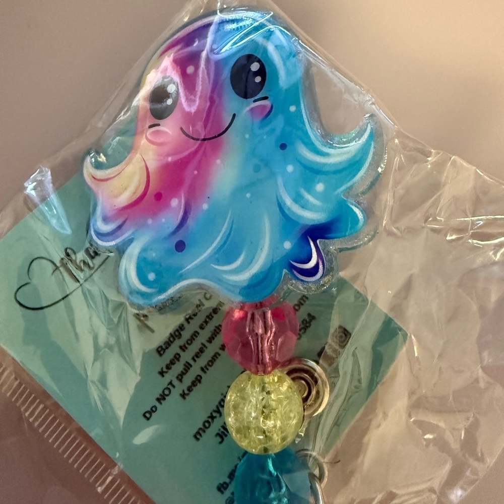 Badge Reel Blue-Pink Octopus with Beads